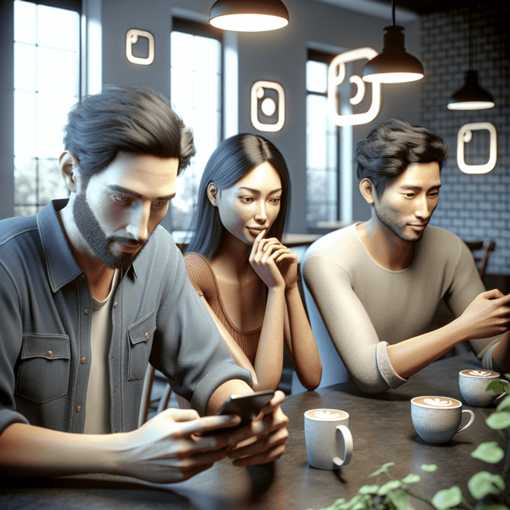 Drei Personen in einem modernen Café: ein kaukasischer Mann, eine hispanische Frau und ein asiatischer Mann, die alle auf ihre Smartphones konzentrier