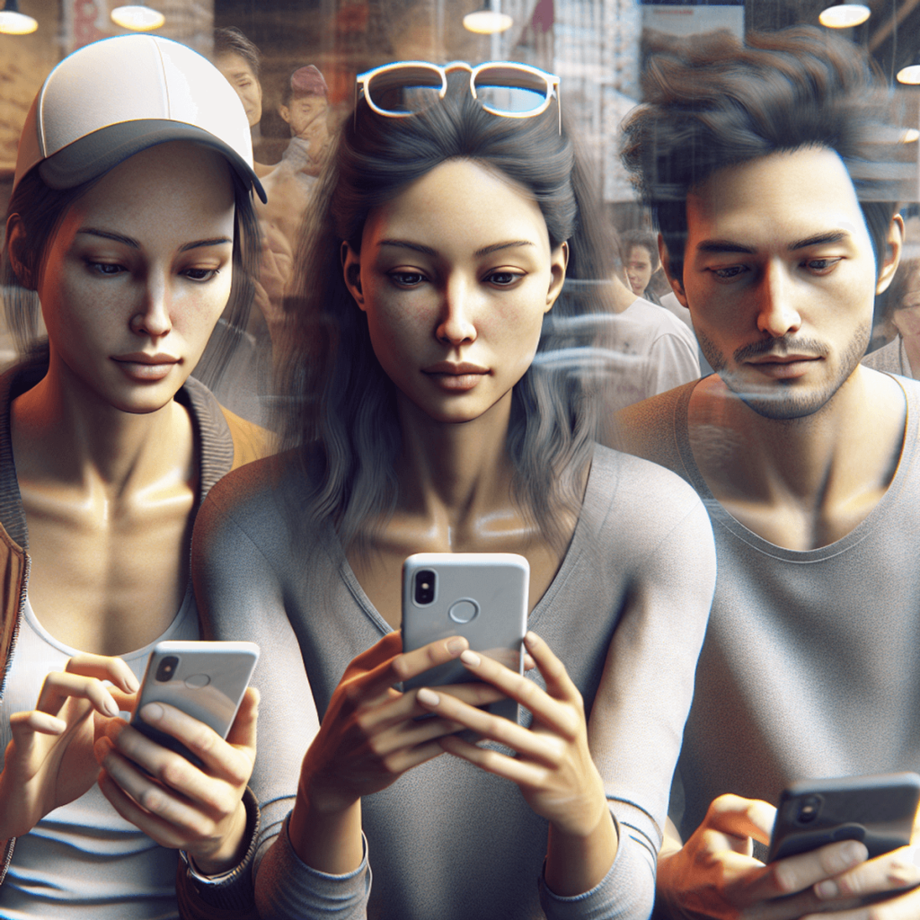 Ein hyperrealistisches Bild, das eine kaukasische Frau, einen hispanischen Mann und eine asiatische Frau in einem Café zeigt, die alle in ihre Smartph