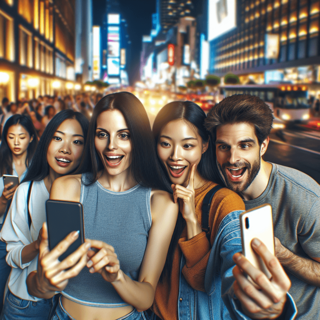 Eine Gruppe junger Erwachsener in einem lebhaften städtischen Umfeld, mit einer kaukasischen Frau, die ein Selfie mit ihrem Smartphone macht, einem hi