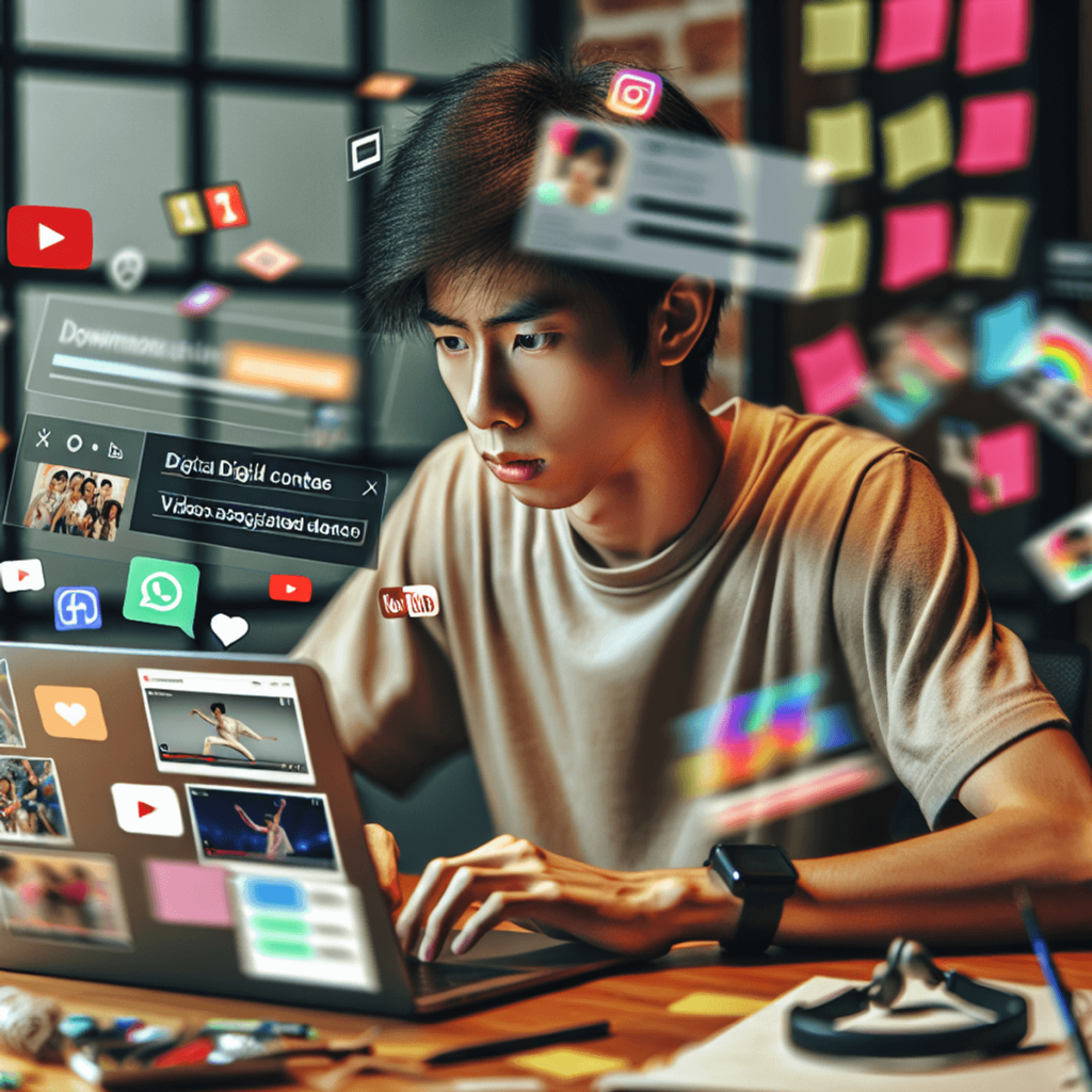 Ein hyperrealistisches Bild einer jungen asiatischen Person, die an einem Schreibtisch sitzt und sich intensiv auf einen Laptop konzentriert. Die Pers