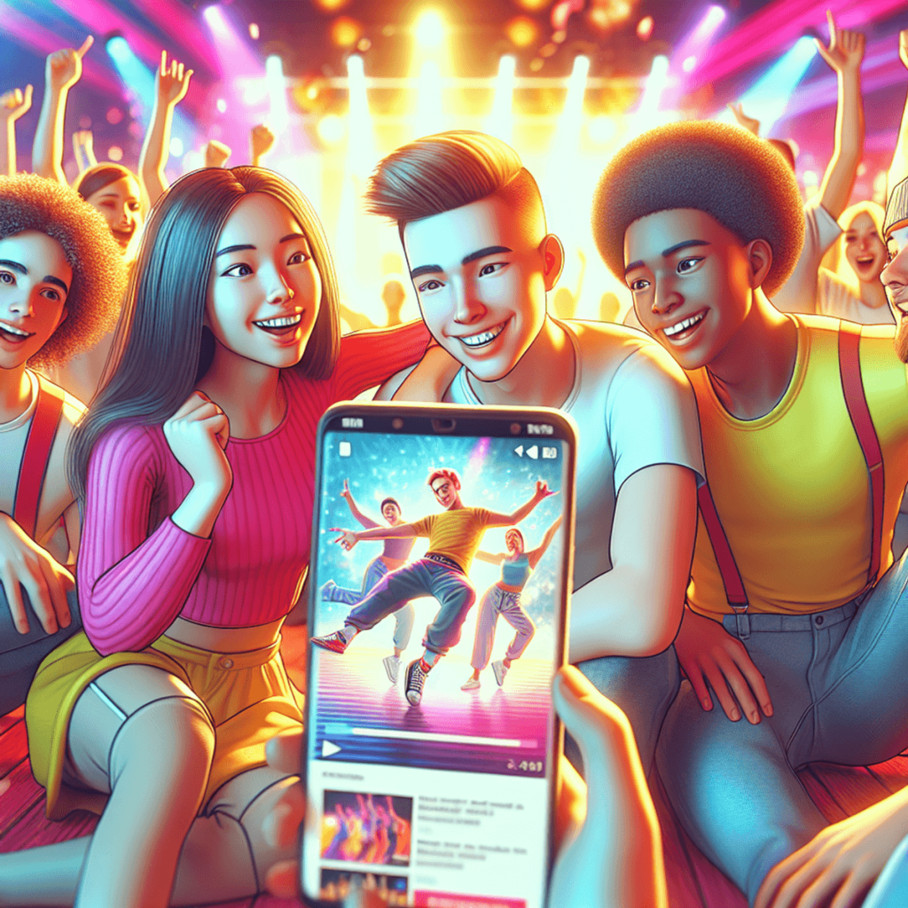 Eine vielfältige Gruppe junger Menschen, darunter eine kaukasische, eine hispanische und eine asiatische Person, versammelte sich um ein Smartphone, d