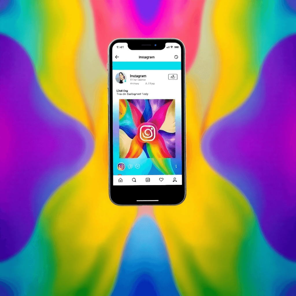 Ein Smartphone, das die Instagram-App mit sichtbaren Likes und Engagement-Metriken zeigt, vor einem bunten abstrakten Hintergrund, der Kreativität ...