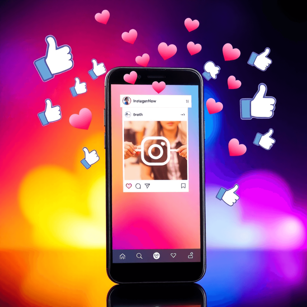 Ein Smartphone zeigt einen Instagram-Beitrag, umgeben von schwebenden Herzen und Daumen-hoch-Icons, vor einem lebendigen Hintergrund, der das Engag...
