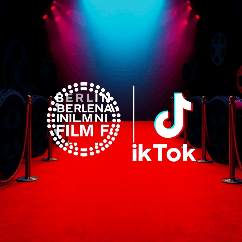 Ein auffälliges Bild mit dem Logo der Berlinale und dem TikTok-Logo vor einem lebhaften Hintergrund aus Filmrollen und einem roten Teppich.
