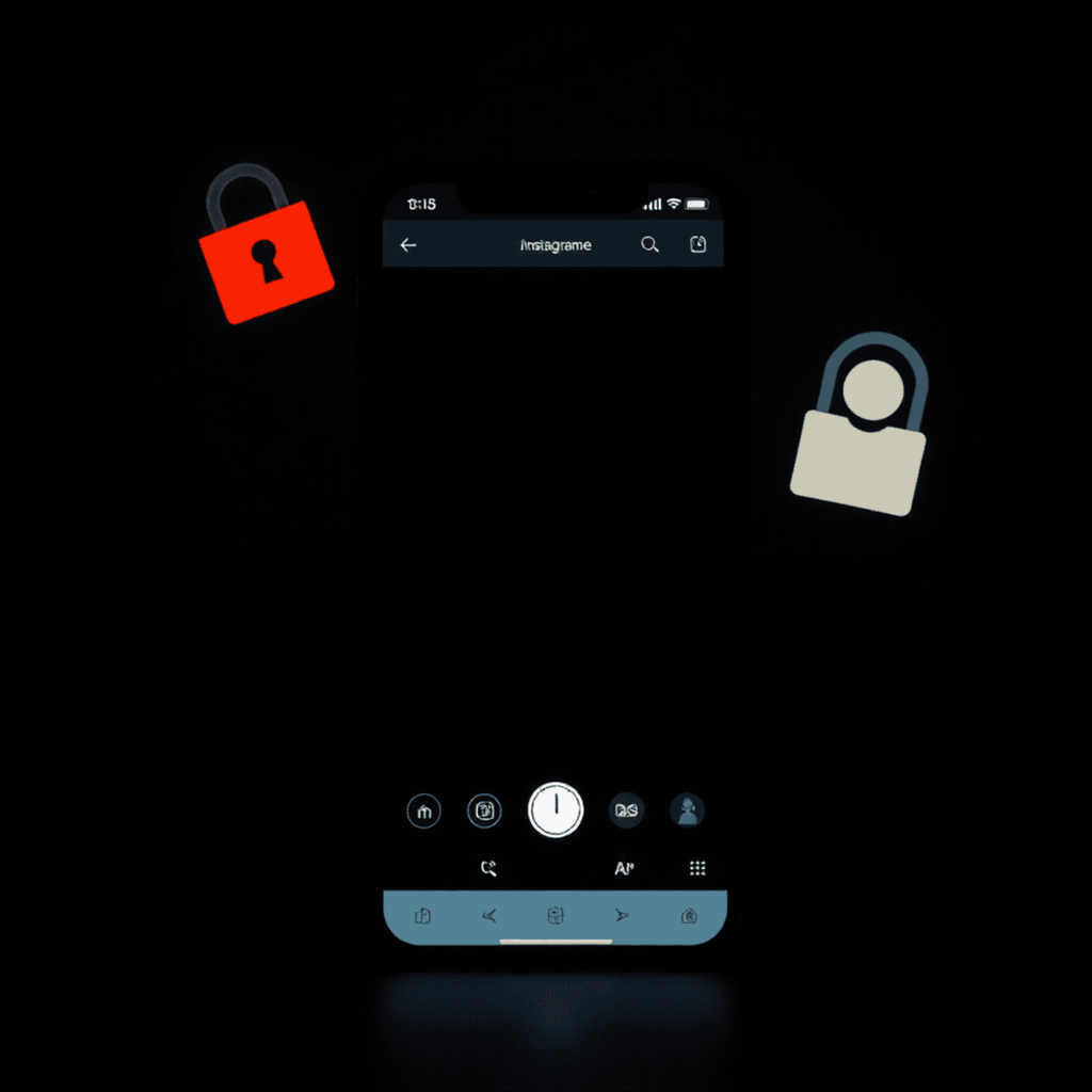 Ein modernes Smartphone zeigt eine Instagram-Story, umgeben von Symbolen für Anonymität wie einem Vorhängeschloss und einer unsichtbaren Person vor...