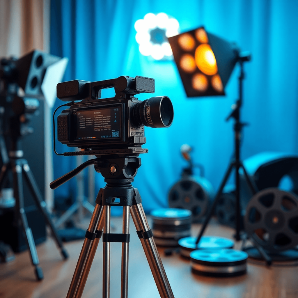 Eine Filmproduktionsausstattung mit einer Kamera auf einem Stativ, Filmrollen und Beleuchtungsausrüstung, die Kreativität und Professionalität in d...