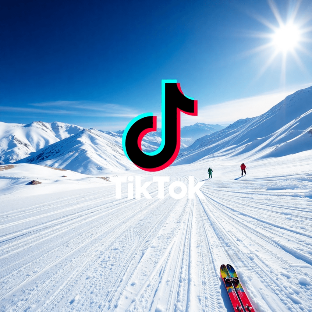 Eine schneebedeckte Berglandschaft mit Skipisten und bunten Skiausrüstungen, im Vordergrund ein markantes TikTok-Logo, das die Aufregung von Winter...
