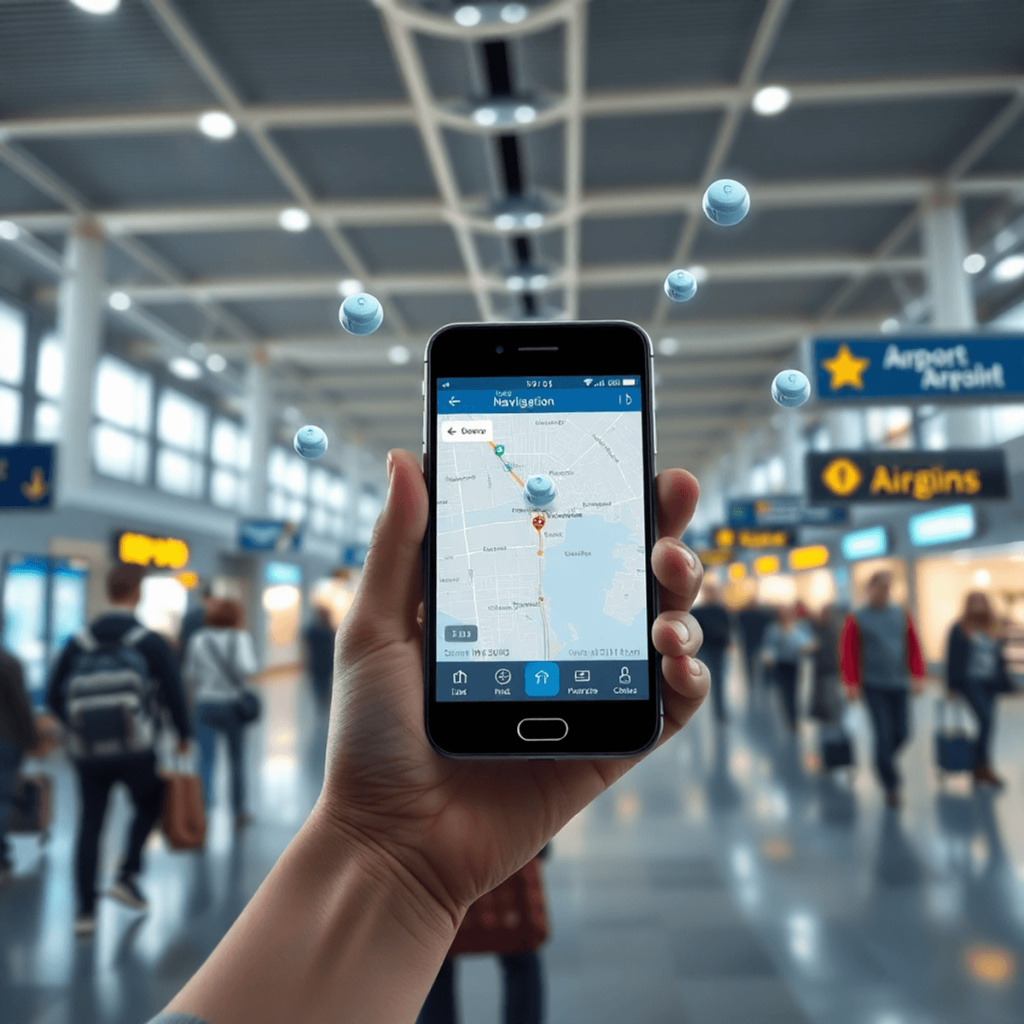 Ein Smartphone zeigt eine Navigationskarte mit Beacon-Signalen an, die sich in einem belebten Flughafen mit Reisenden und klaren Schildern befindet...