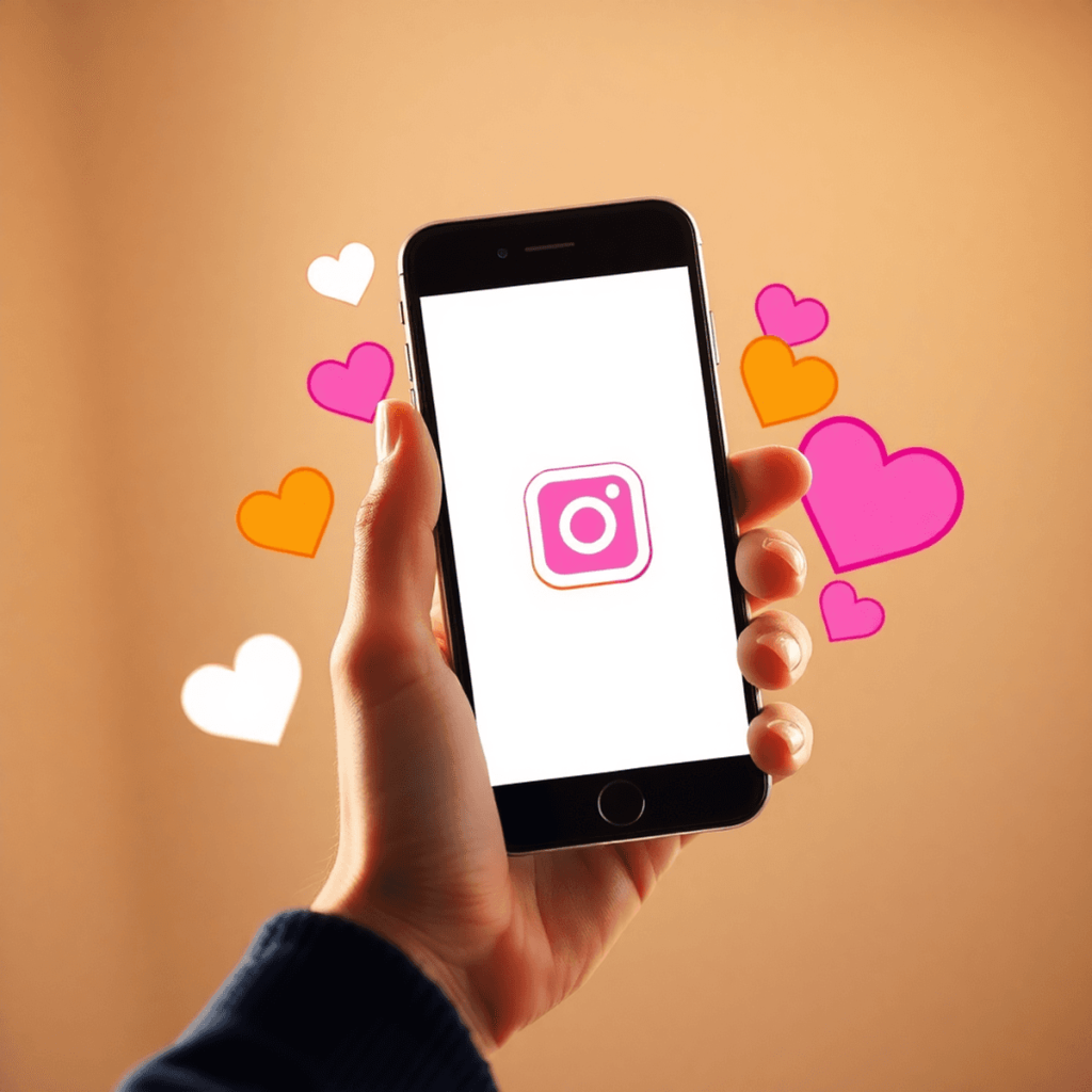 Eine Hand hält ein Smartphone mit dem Instagram-Logo, umgeben von bunten Herz-Symbolen. Der helle Hintergrund schafft eine einladende, positive Atm...