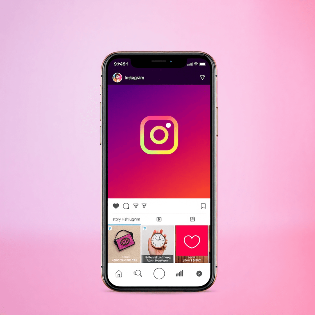 Bunte Instagram-Profilseite mit hervorgehobenen Story Highlights in einladenden Icons und einer stilisierten Handykontur im Hintergrund, die das In...