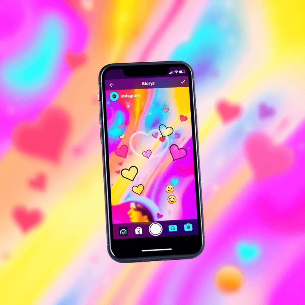 Ein Smartphone, das eine bunte Instagram-Story mit Herzen und ausdrucksvollen Icons zeigt, vor einem hellen Hintergrund, der Kreativität und Verbin...