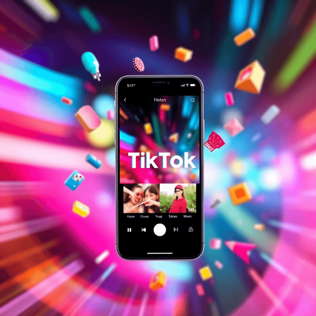 Ein Smartphone mit dem TikTok-Logo, umgeben von bunten Videoclips und trendigen Modeartikeln, vor einem lebhaften Hintergrund, der die Energie von ...