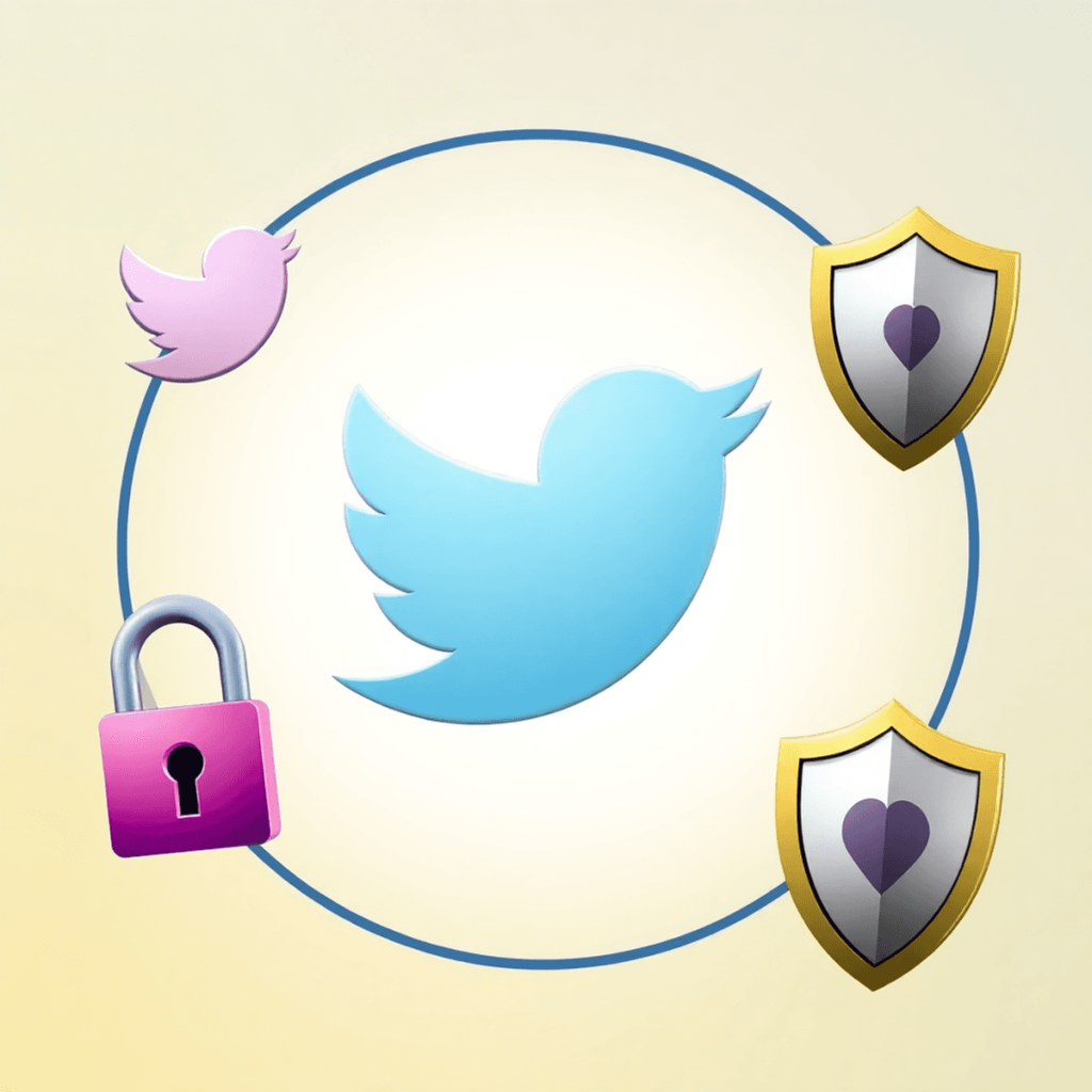 Ein Twitter-Logo, umgeben von abstrakten Symbolen für Datenschutz und Sicherheit, darunter ein Vorhängeschloss und ein Schild, vor einem hellen, ei...