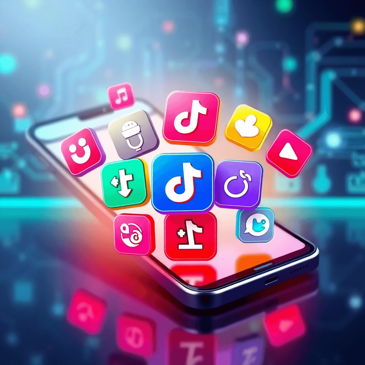 Bunte digitale Illustration mit TikTok-Konverter-Apps und Download-Symbolen auf einem Smartphone vor modernem, technologischem Hintergrund.