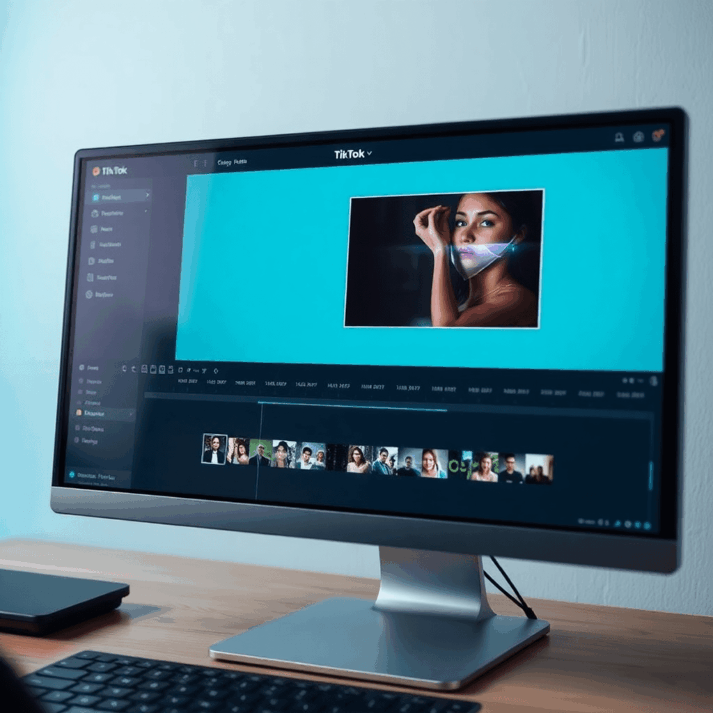Computerbildschirm, der Videobearbeitungssoftware mit TikTok-Zeitleiste anzeigt, das Zuschneidewerkzeug hervorgehoben ist und TikTok-Logos in der V...
