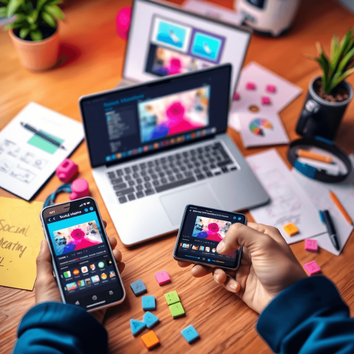 Ein lebendiger Arbeitsplatz mit Laptop, Smartphone zeigt Social-Media-Reel, bunte Video-Tools-Icons und kreative Notizen, symbolisiert Reel-Erstellung.
