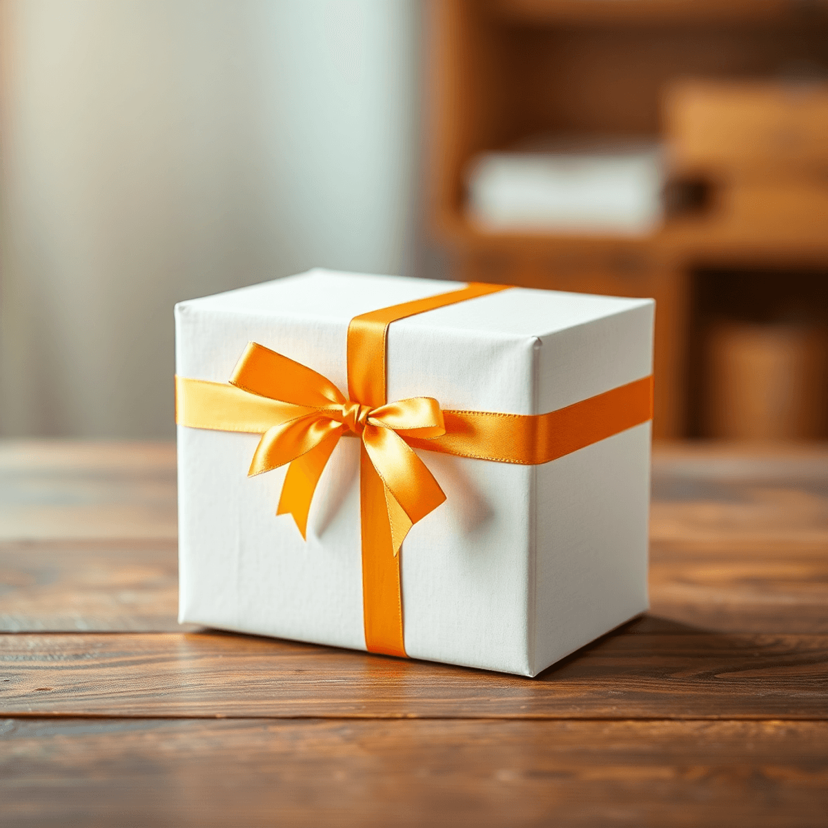 Ein sorgfältig verpacktes Geschenk mit hellem Band auf einem Holztisch, unscharfer Hintergrund, symbolisiert Versand und Lieferung.