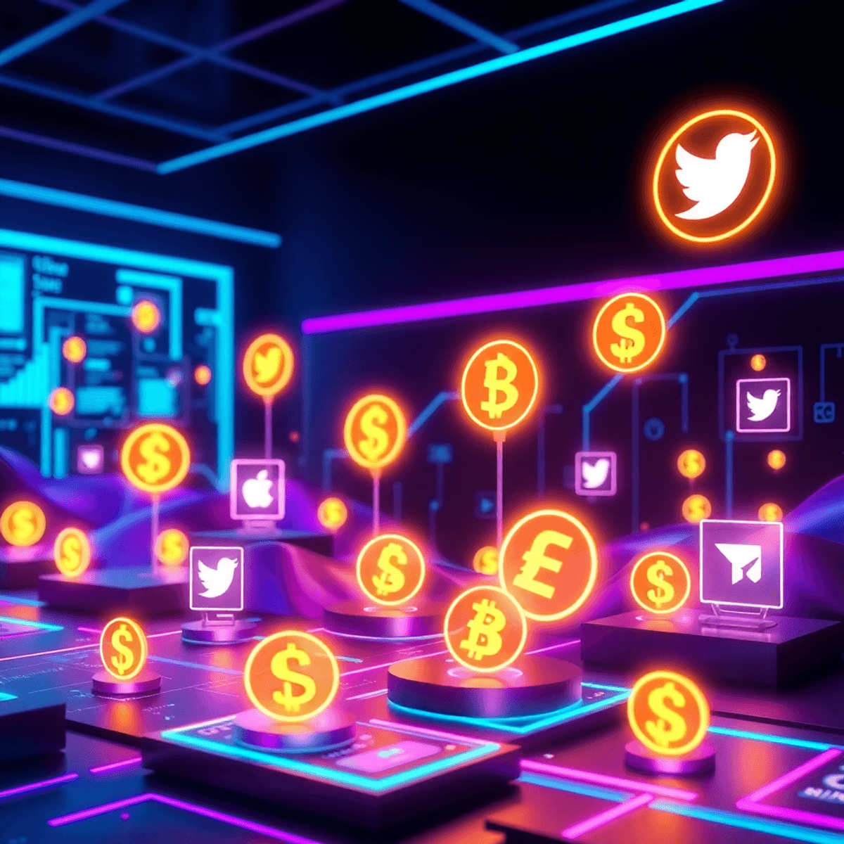 Futuristische digitale Landschaft mit leuchtenden Kryptowährungssymbolen und Social-Media-Icons vor dunkelblau-lila Neonhintergrund.
