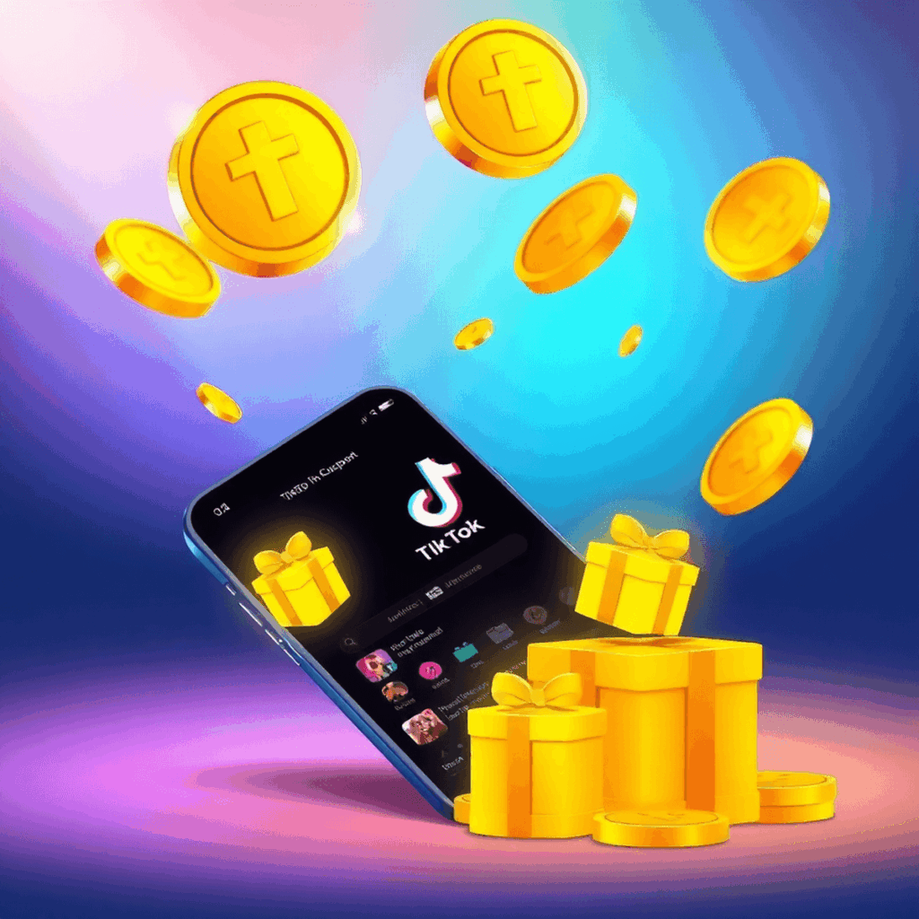 Goldene TikTok-Münzen schweben über einem Smartphone, das die TikTok-App zeigt, mit leuchtenden Geschenksymbolen und einem bunten Farbverlauf im Hi...