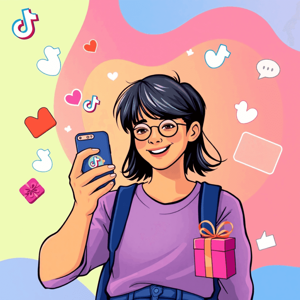 Junger Erwachsener Content Creator, der ein TikTok-Video mit schwebenden Symbolen von Followern, Likes und Geschenken vor einem bunten, sozial-medi...