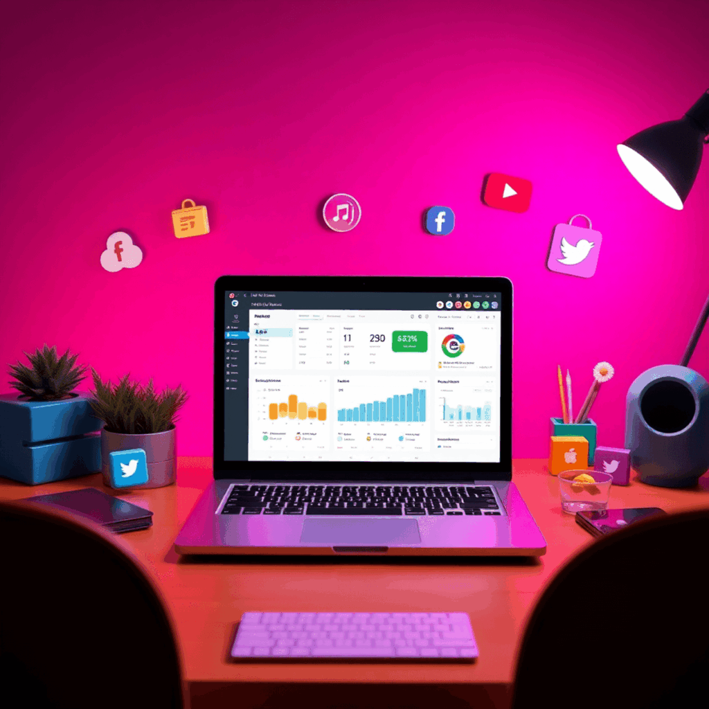 Laptop zeigt den TikTok Ads Manager auf einem Schreibtisch mit bunten Diagrammen und Social-Media-Icons, die digitales Marketing und Kampagnenoptim...