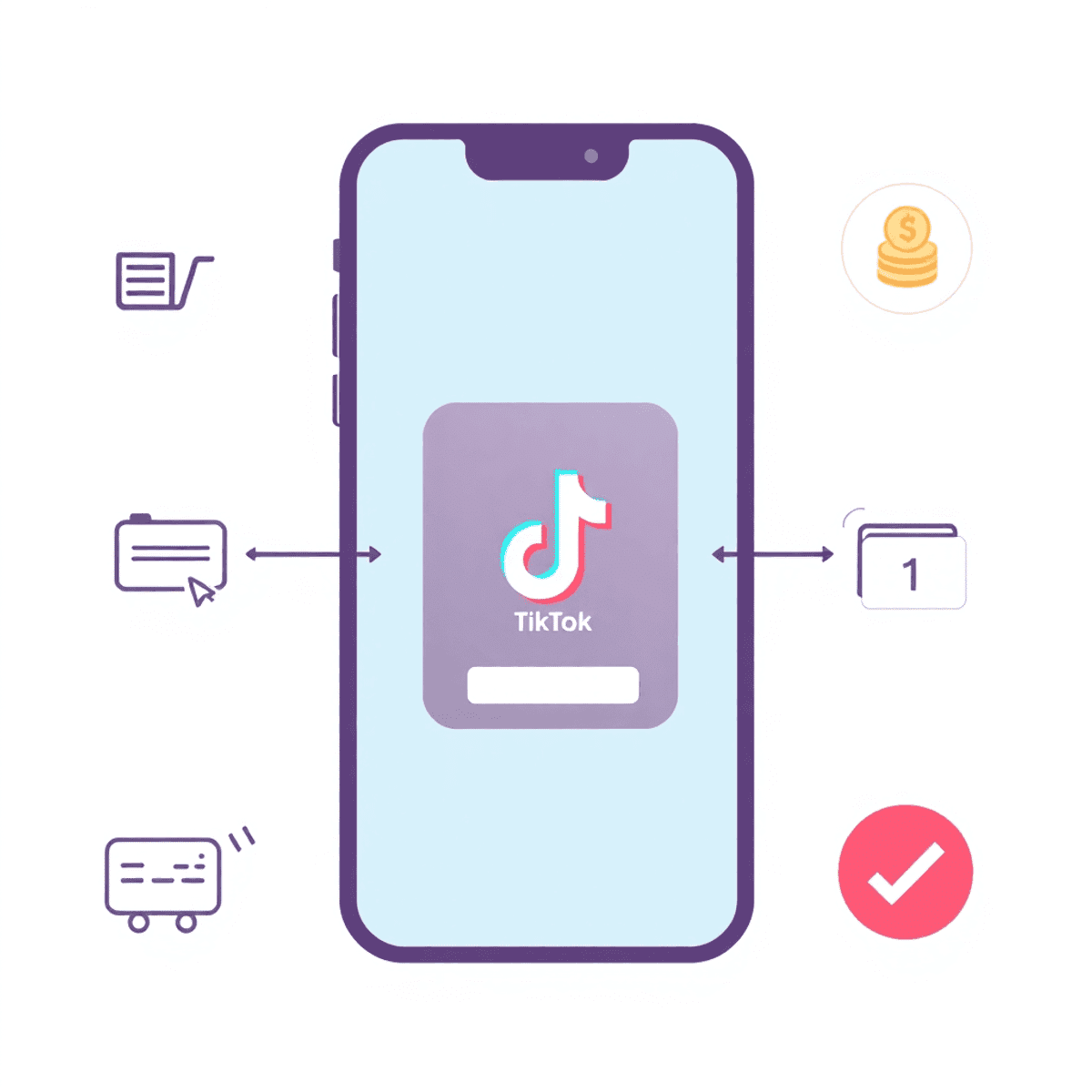 Moderner Smartphone-Bildschirm zeigt TikTok-App mit Kauf von TikTok-Münzen, umgeben von Symbolen wie Einkaufswagen, Kreditkarte und Bestätigung.