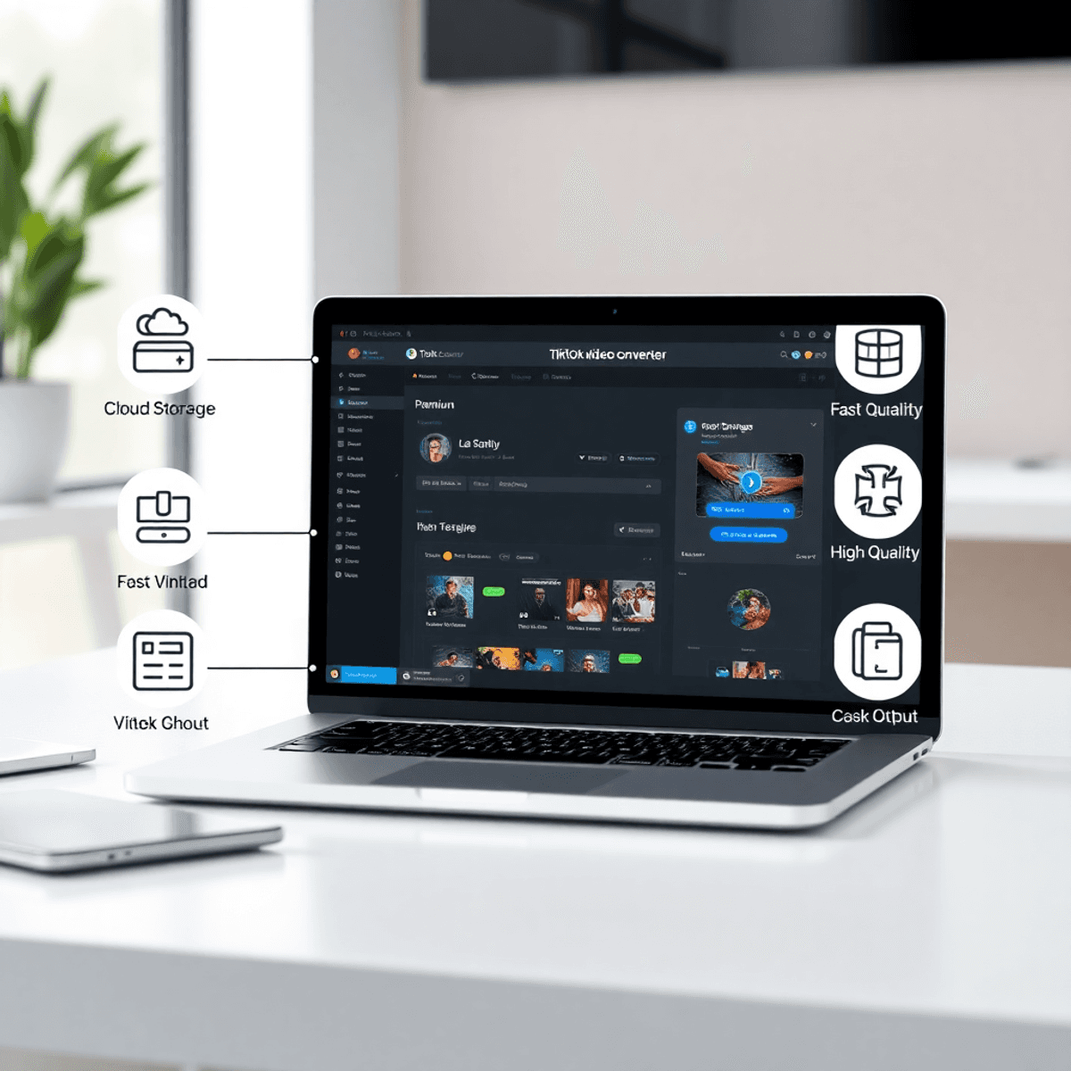 Moderner digitaler Arbeitsplatz mit Laptop, der eine TikTok-Video-Konverter-Oberfläche und Symbole für Cloud-Speicher, schnellen Download und hohe Qualität zeigt.