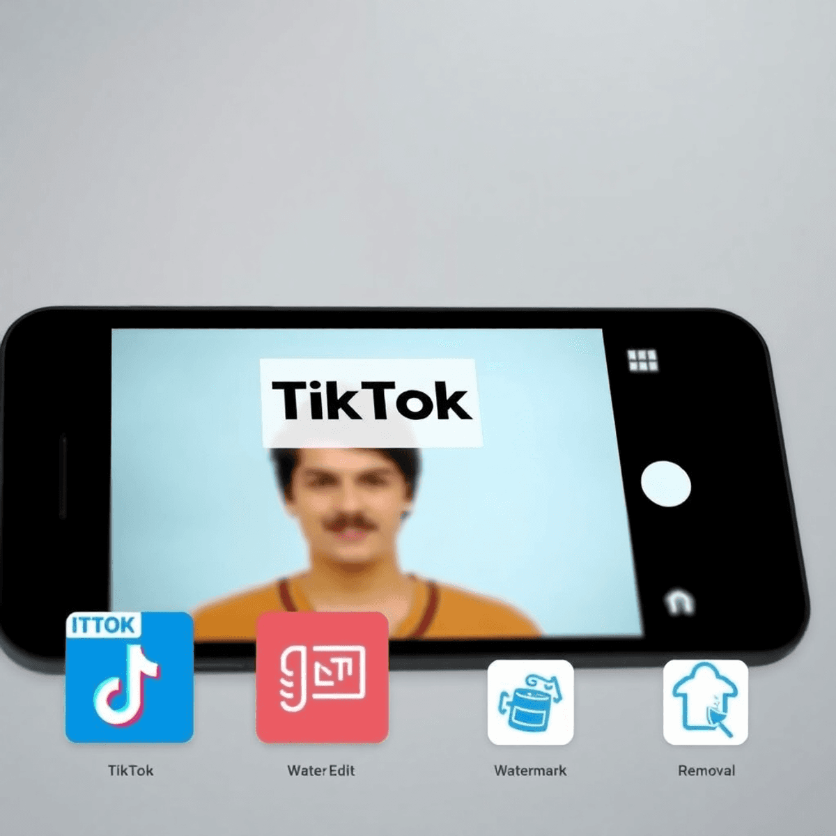 Nahaufnahme eines Smartphone-Bildschirms mit TikTok-Video und digitalen Symbolen für Videobearbeitung und Wasserzeichenentfernung vor modernem Hintergrund.