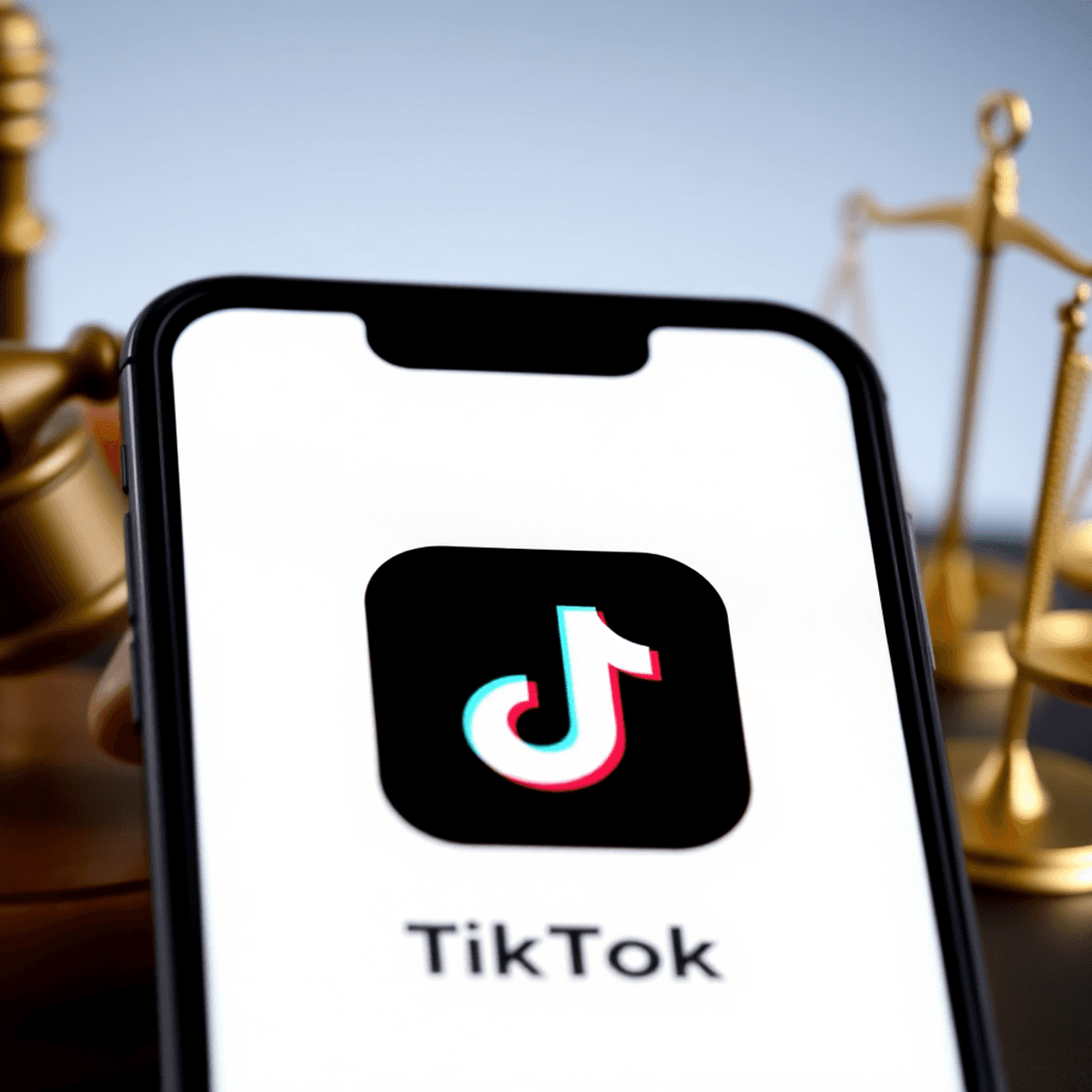 Nahaufnahme eines Smartphone-Bildschirms mit der TikTok-App und dezenten Justizsymbolen im Hintergrund, thematisiert rechtliche Aspekte des Geldverdienens.
