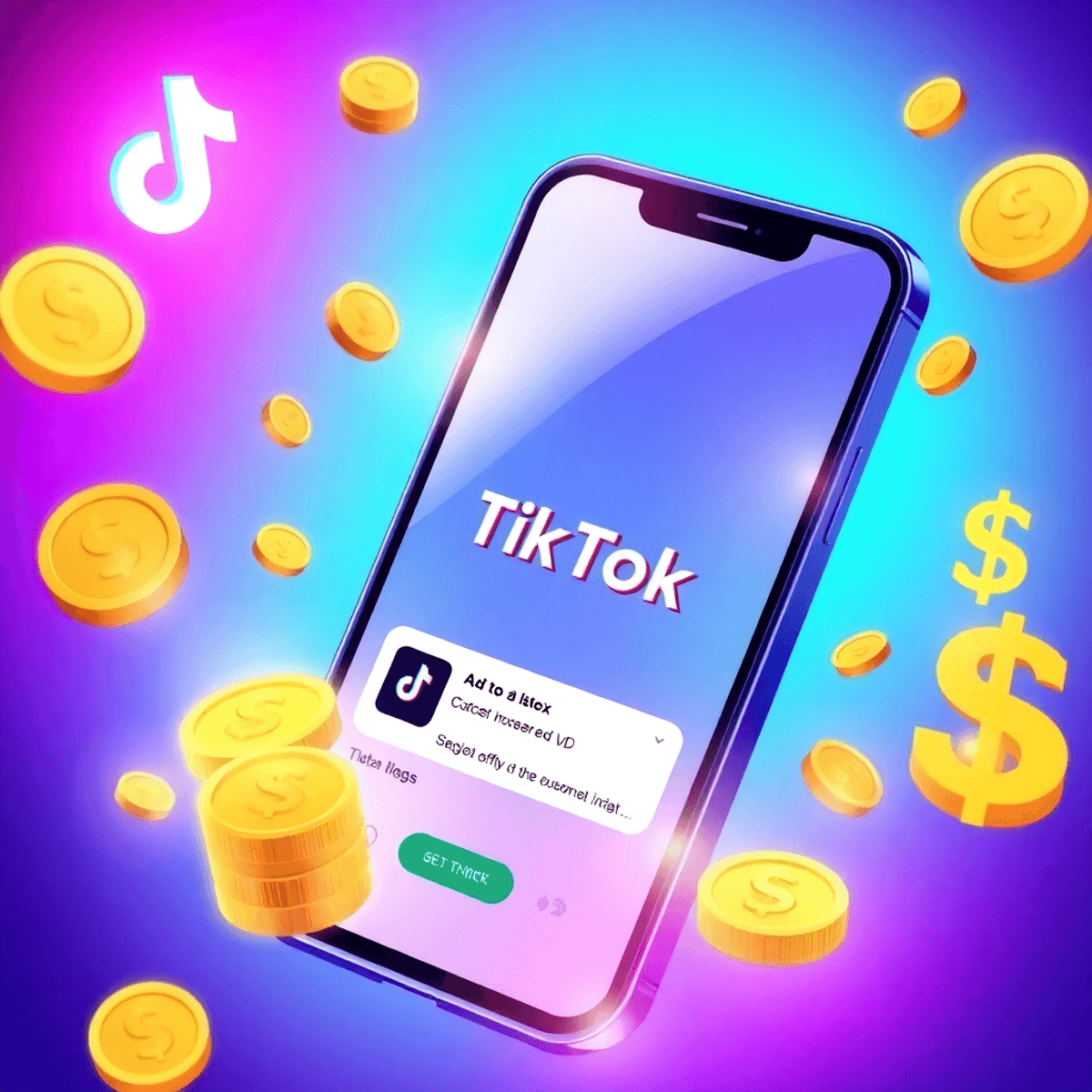 Smartphone-Bildschirm mit TikTok-App, Icons für Trinkgeld und Werbung, umgeben von leuchtenden Münzen und Dollarzeichen, symbolisiert Einnahmequellen.