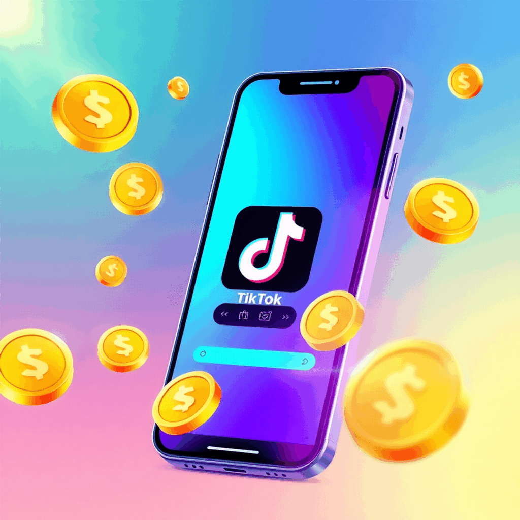 Smartphone-Bildschirm zeigt TikTok-App mit leuchtenden TikTok-Münzen-Icons, dynamische Lichteffekte in modernen Farben, symbolisiert virtuelle Währ...