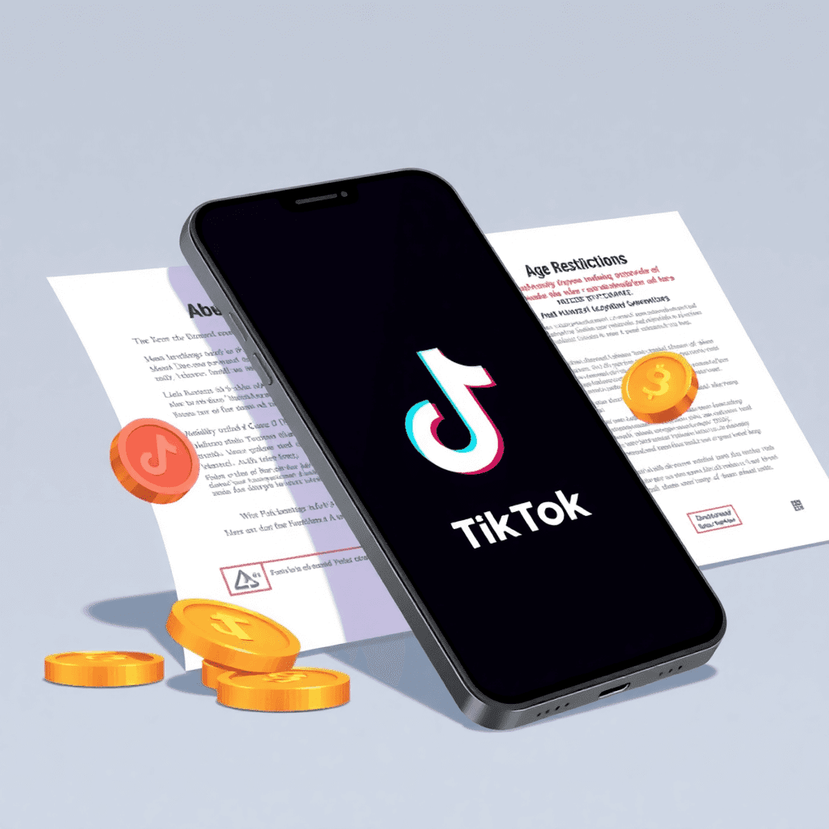 Smartphone-Bildschirm zeigt TikTok mit bunten Münzen, im Hintergrund ein dezentes rechtliches Symbol für Altersbeschränkungen.