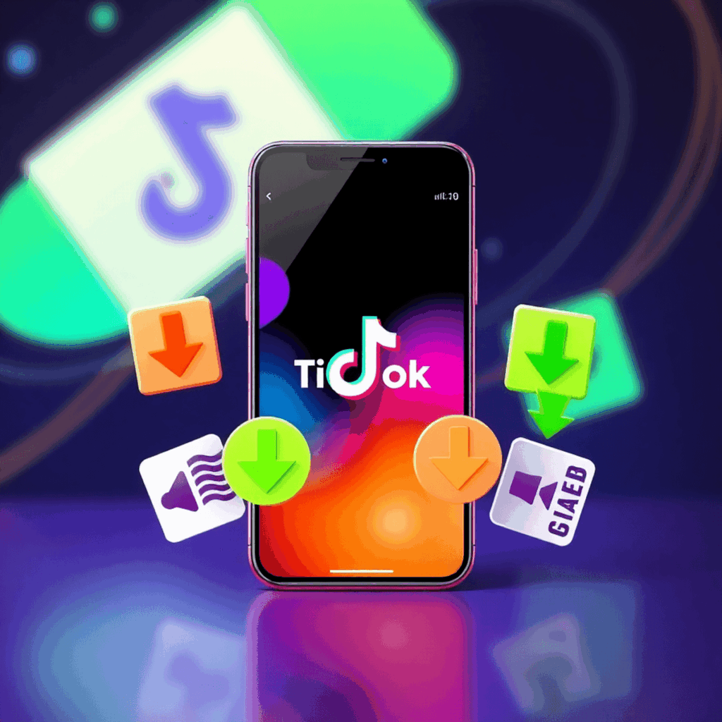 Smartphone-Bildschirm zeigt die TikTok-App mit Download- und Konvertierungs-Symbolen, vor einem technologie-inspirierten Hintergrund mit abstrakten...