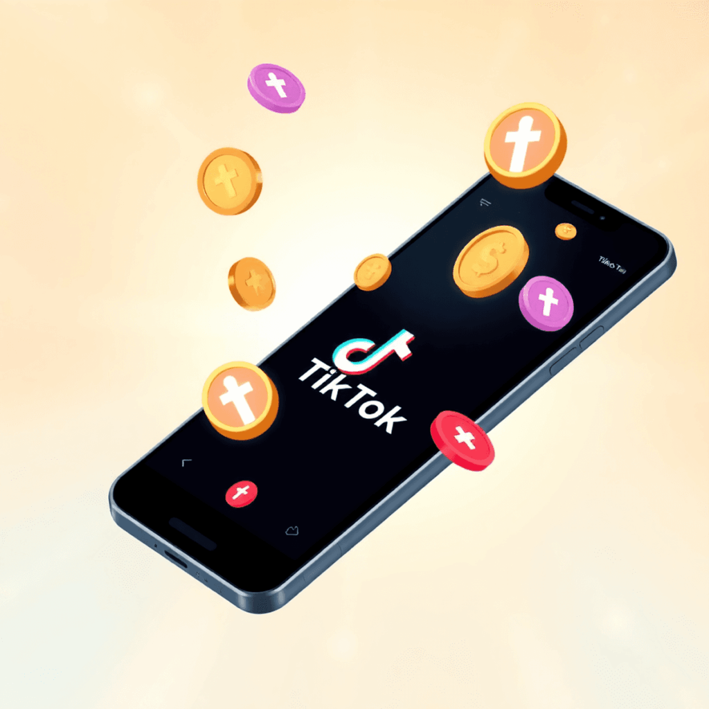 Smartphone-Bildschirm zeigt die TikTok-App mit bunten virtuellen Münzen und schwebenden Geschenk-Icons, vor einem hellen, lebendigen Hintergrund.