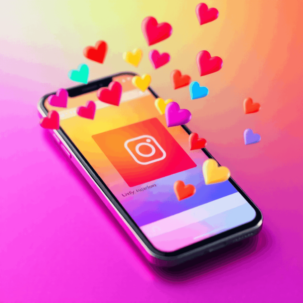 Smartphone-Bildschirm zeigt einen Instagram-Beitrag mit bunten, herzförmigen Likes, die herumschweben und soziale Medienengagement und Wachstum sym...