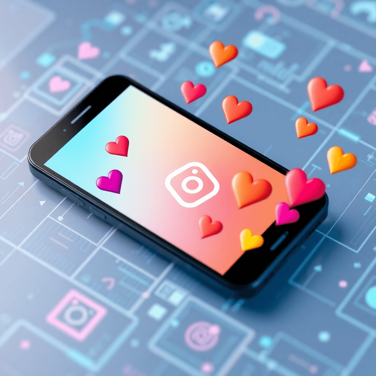 Smartphone mit Instagram-App, umgeben von bunten Herz-Icons vor modernem digitalen Hintergrund, der Wachstum und Engagement symbolisiert.