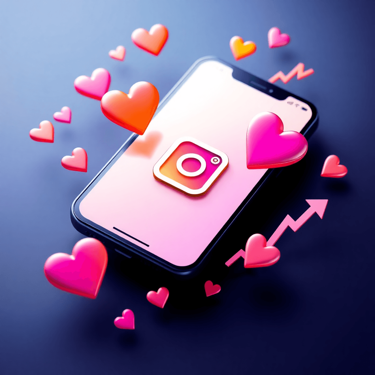 Smartphone mit Instagram-Interface, umgeben von schwebenden Herz-Icons und aufsteigenden Grafiken, symbolisiert Wachstum und Erfolg in sozialen Medien.