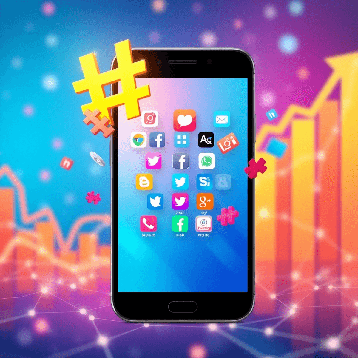 Smartphone mit Social-Media-Apps, bunte Hashtags schweben, im Hintergrund aufsteigende Grafiken und Netzwerkverbindungen.