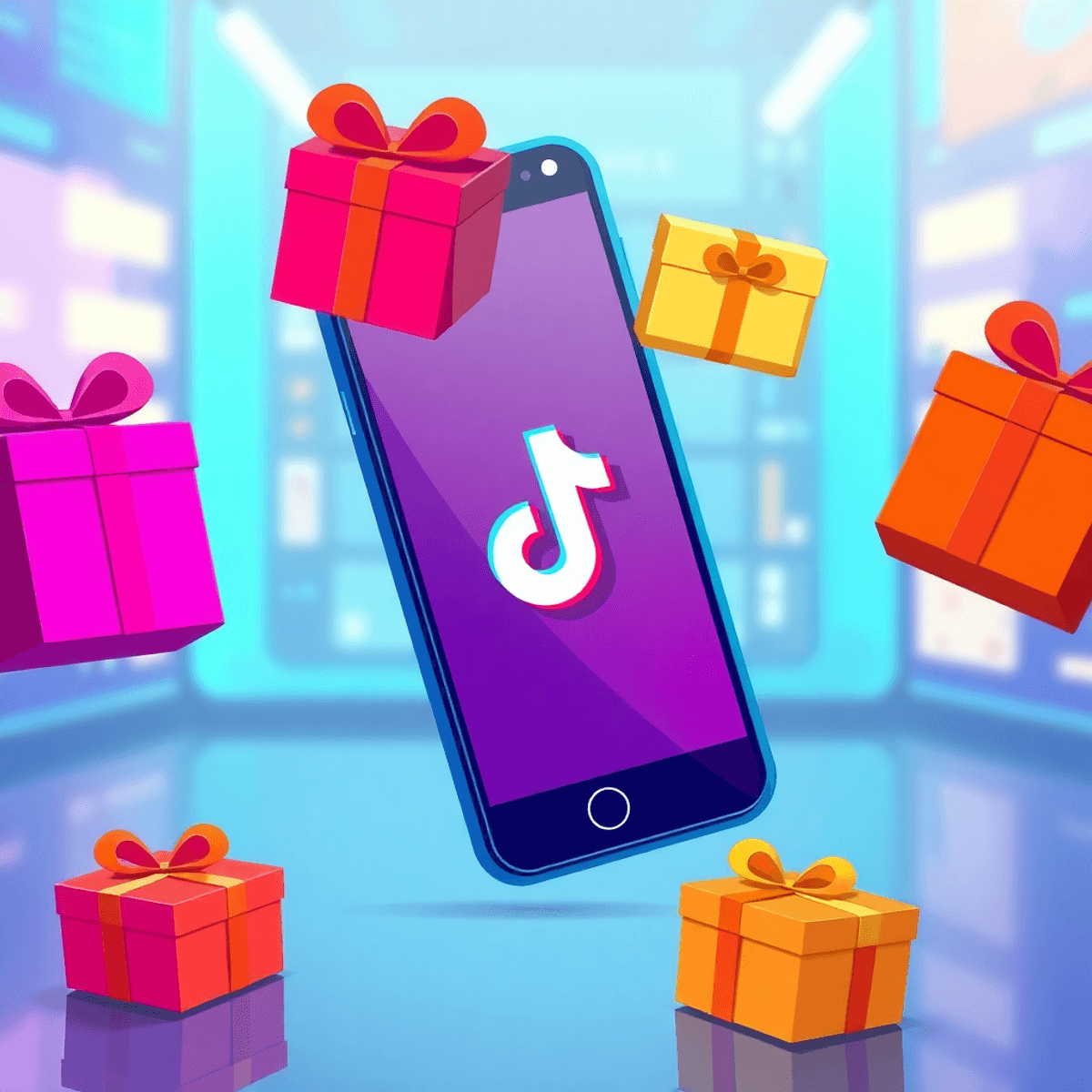 Smartphone mit TikTok-App und Geschenk-Icons, die Einschränkungen symbolisieren, vor modernem digitalem Hintergrund.