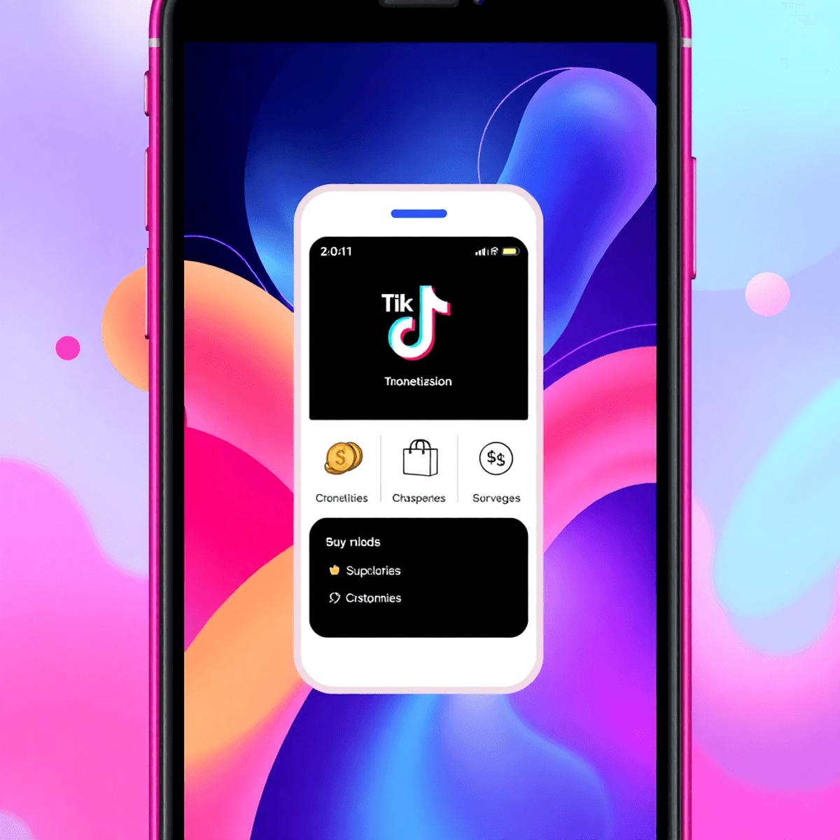 Smartphone mit TikTok-App und Symbolen für Monetarisierung wie Münzen, Einkaufstaschen und Dollarzeichen vor buntem abstraktem Hintergrund.