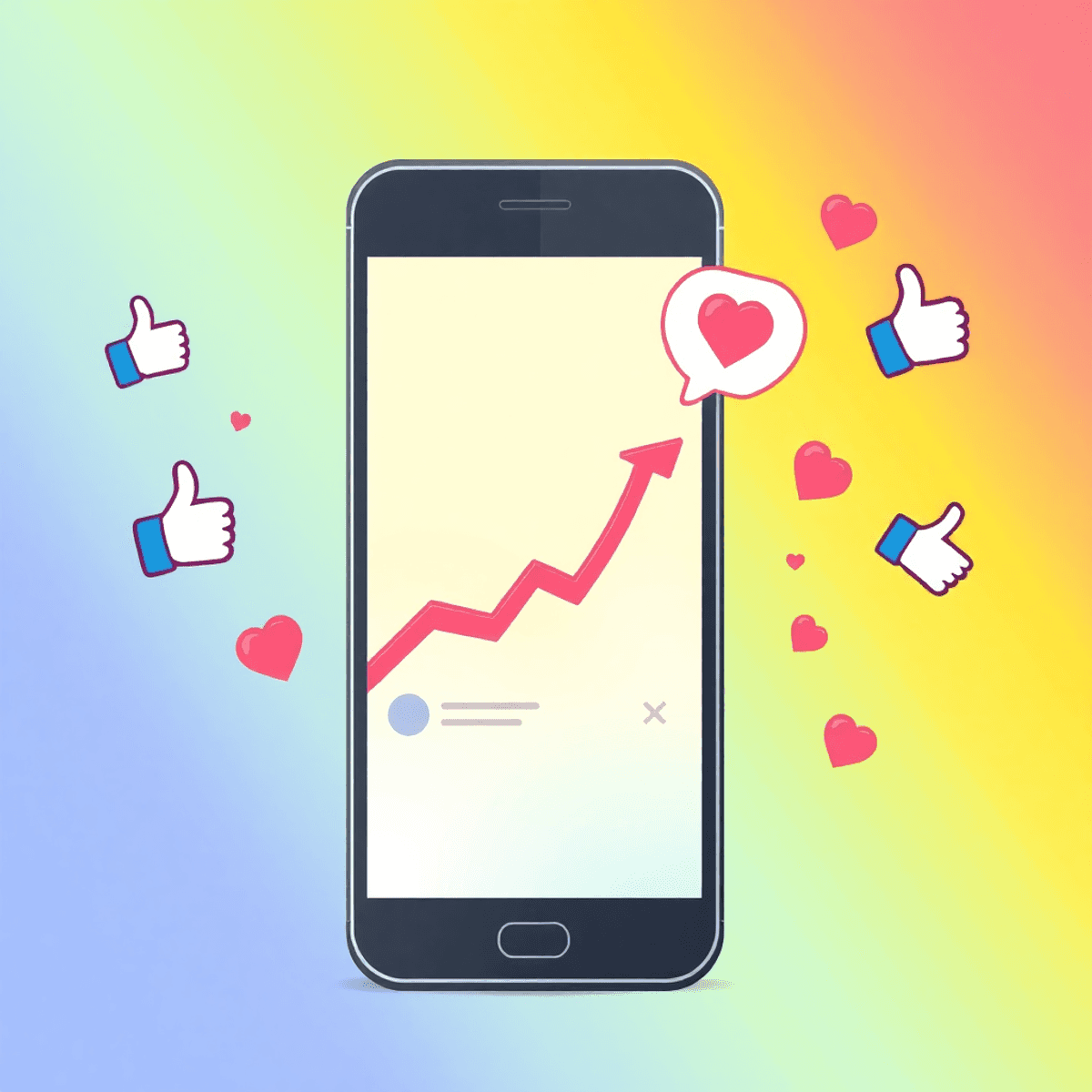 Digitale Illustration eines Smartphone-Bildschirms mit steigenden Likes und Followern, umgeben von Symbolen wie Daumen hoch und Herzen vor lebhaftem Hintergrund.