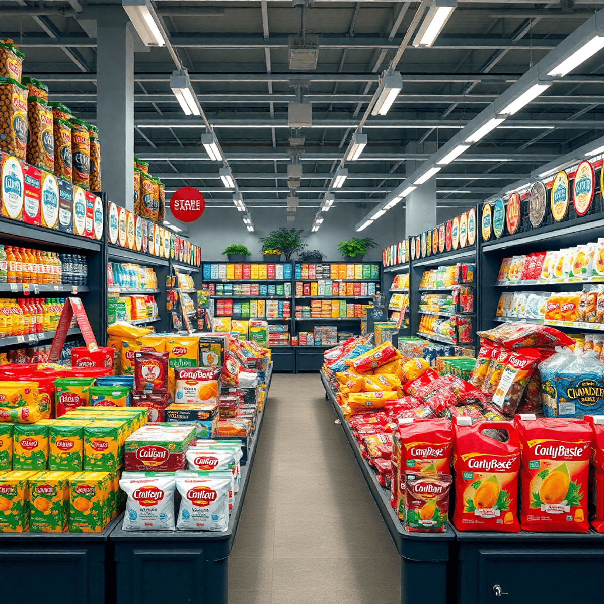 Marktszene mit vielfältigen Produktständen und Qualitätssiegeln, die hohe Standards und breite Auswahl symbolisieren.