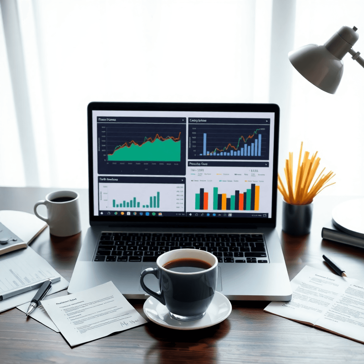 Moderner Arbeitsplatz mit Laptop, der Diagramme zeigt, umgeben von Notizen und einer Kaffeetasse, symbolisiert Analyse und Strategieoptimierung.