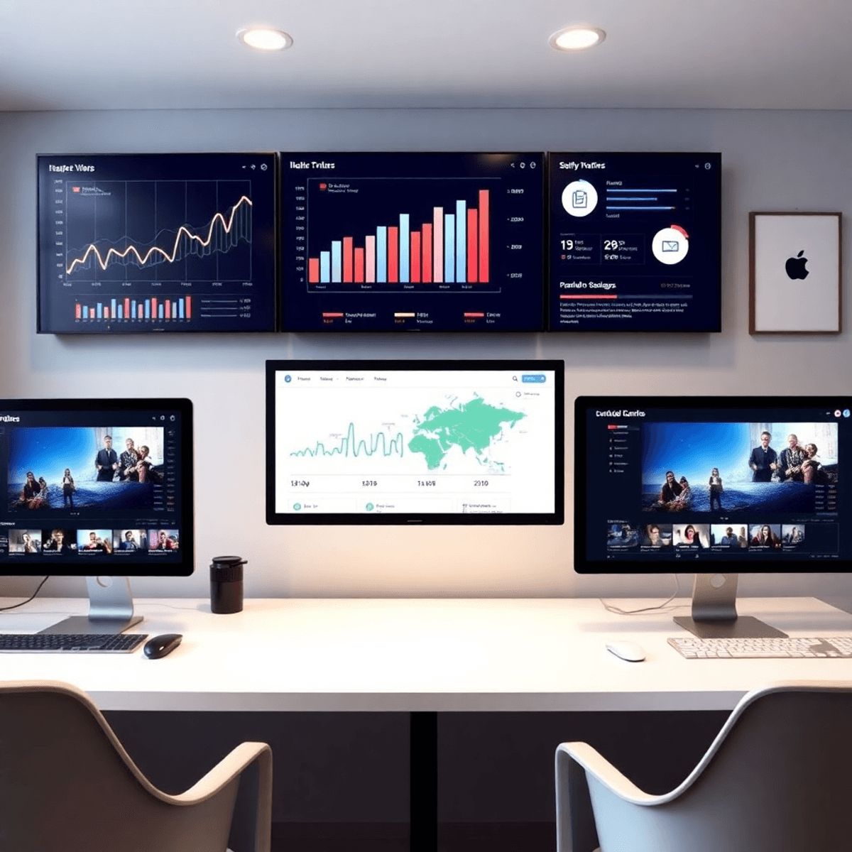 Moderner digitaler Marketing-Arbeitsplatz mit mehreren Bildschirmen, die Echtzeit-Daten, Social-Media-Icons und Video-Thumbnails zeigen.