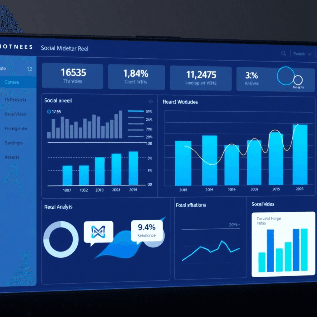 Modernes digitales Analyse-Dashboard mit Diagrammen zur Leistung von Social-Media-Reels, Video- und Datenanalyse-Symbolen, professionell gestaltet.