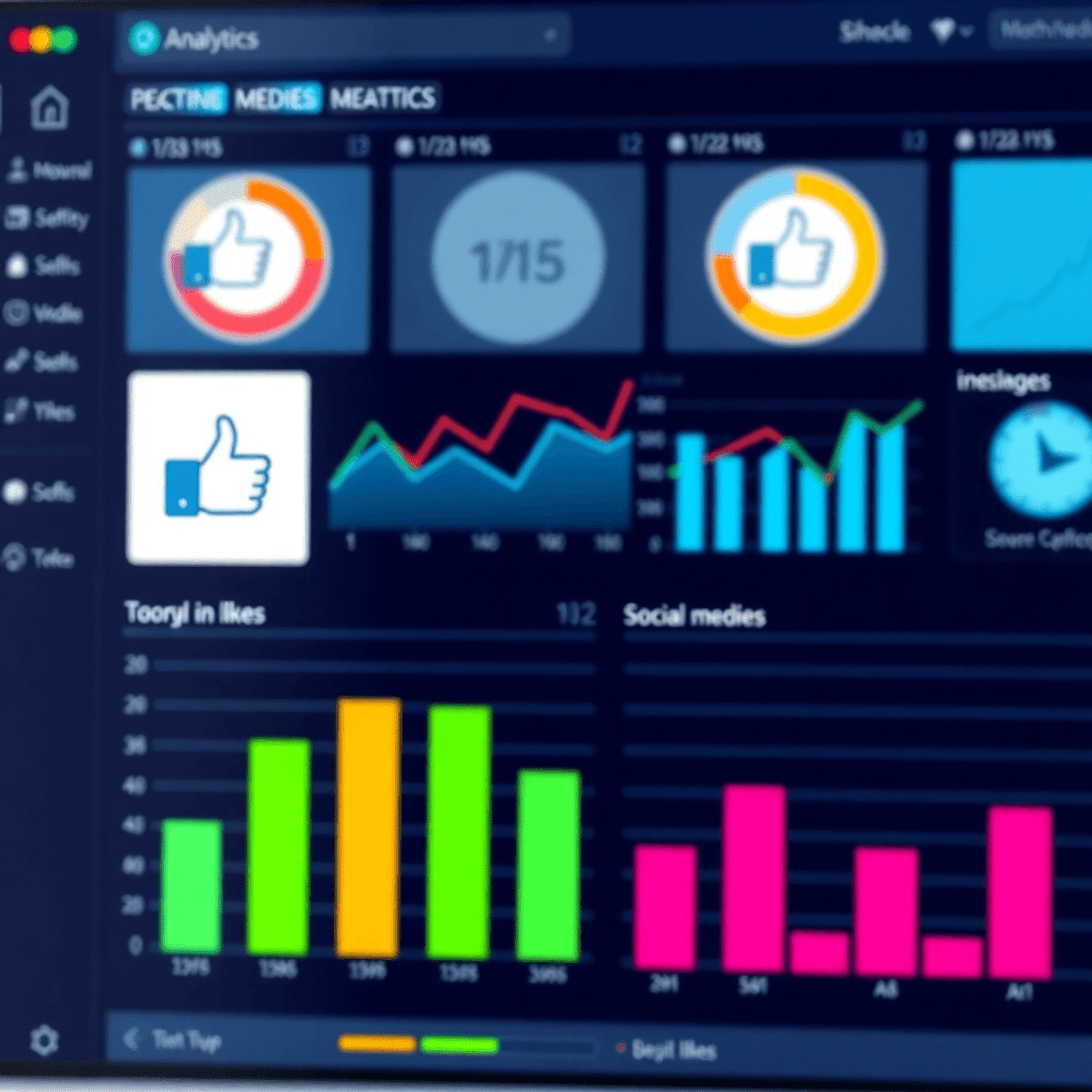 Modernes digitales Analyse-Dashboard mit bunten Grafiken und Metriken zu Social-Media-Likes, inklusive Daumen-hoch- und Herz-Symbolen.