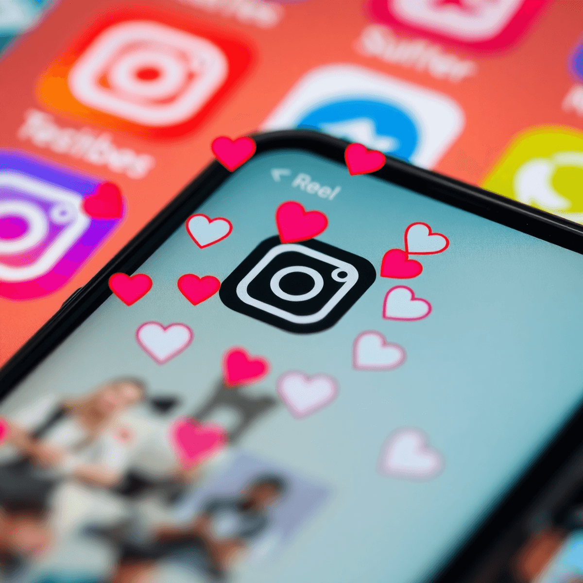 Nahaufnahme eines Smartphone-Bildschirms mit einem Instagram Reel, umgeben von schwebenden Herz- und Like-Symbolen vor verschwommenem Hintergrund.