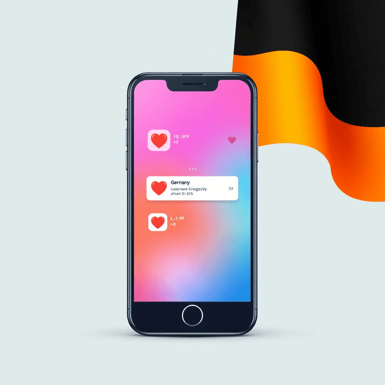 Smartphone-Bildschirm mit Social-Media-Benachrichtigungen, steigenden Like- und Herzsymbolen vor dezentem Hintergrund in den Farben der deutschen Flagge.