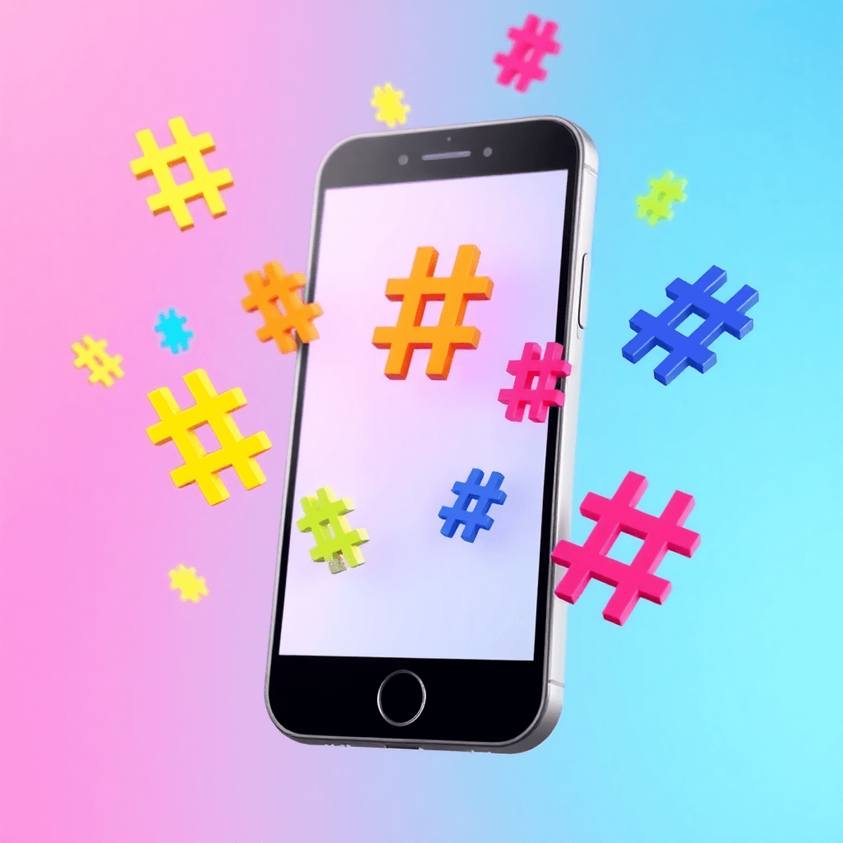 Smartphone-Bildschirm mit lebendiger Social-Media-Oberfläche und bunten Hashtag-Symbolen, die strategische Nutzung für mehr organische Reichweite darstellen.