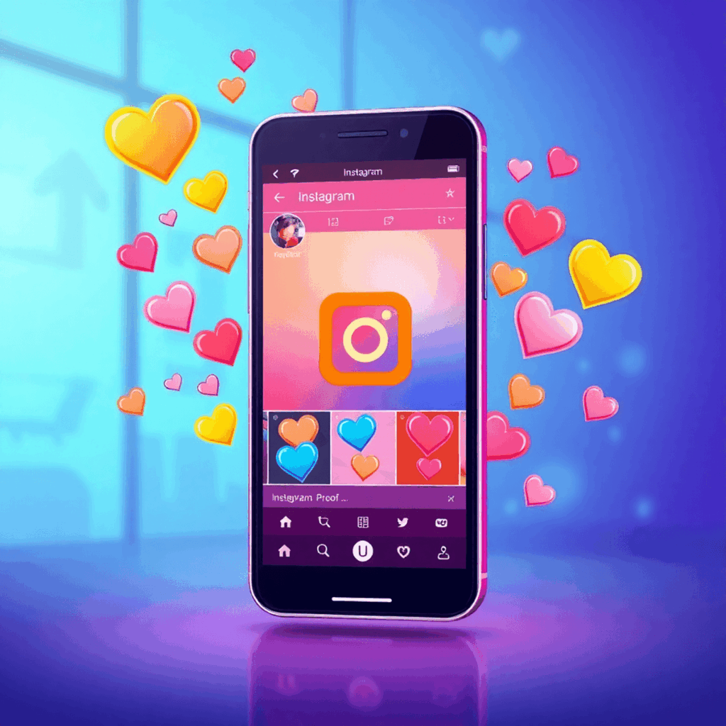 Smartphone-Bildschirm zeigt ein Instagram-Reel mit bunten Herzsymbolen, die umherfliegen, vor einem modernen Hintergrund im sozialen Medien-Stil.